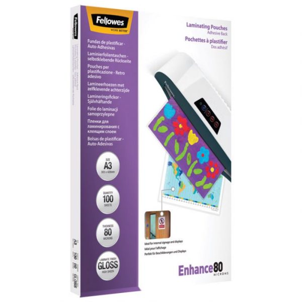 FOLIJA ZA PLASTIFICIRANJE  80MY A3 SJAJNA SAMOLEPLJIVA PK100 FELLOWES 5302302