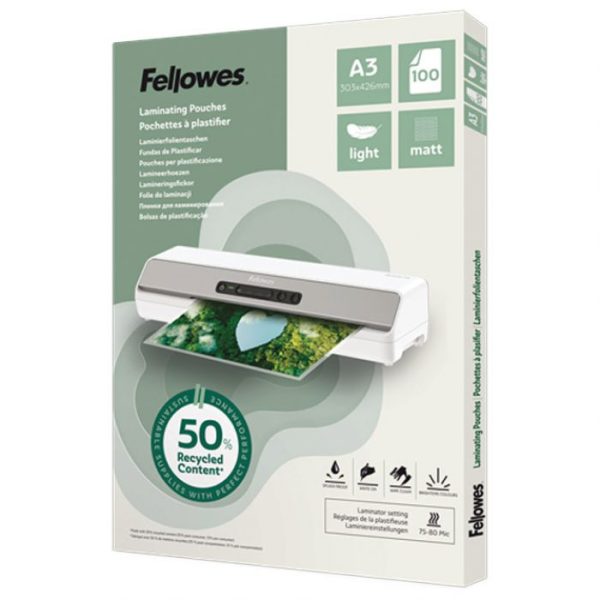 FOLIJA ZA PLASTIFICIRANJE  80MY A3 MAT 50% RECIKLIRANI MATERIJAL PK100 FELLOWES 100143436