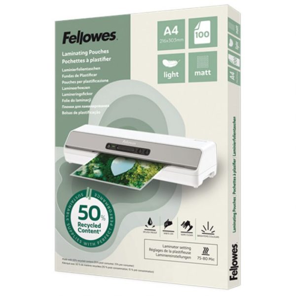 FOLIJA ZA PLASTIFICIRANJE  80MY A4 MAT 50% RECIKLIRANI MATERIJAL PK100 FELLOWES 100143435